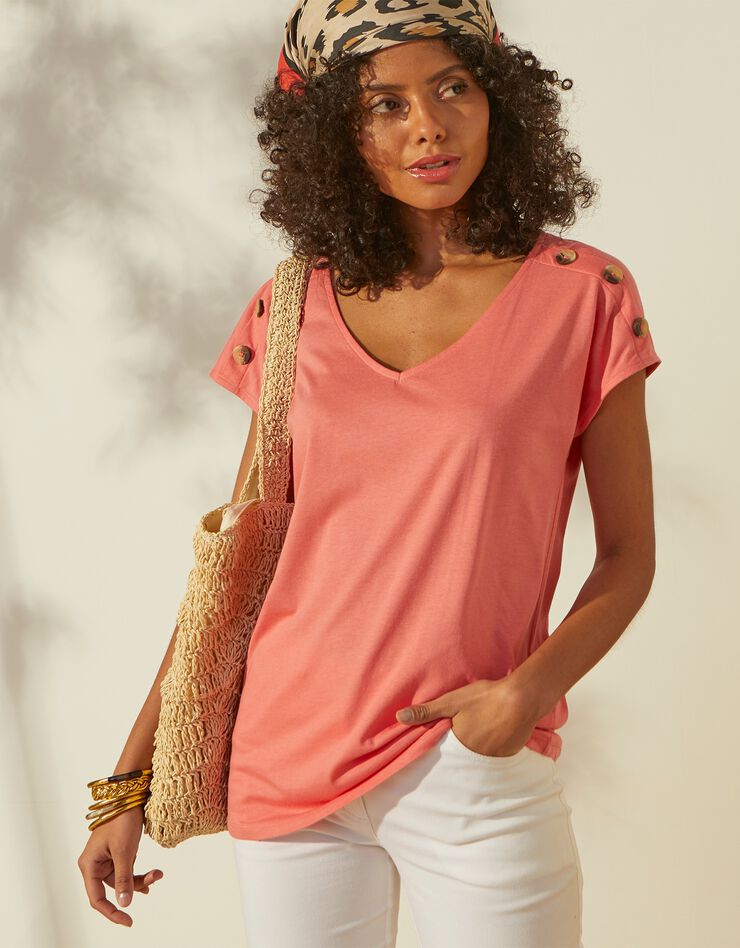 Tee-shirt boutonné uni (corail) Tee-shirt boutonné uni (corail)