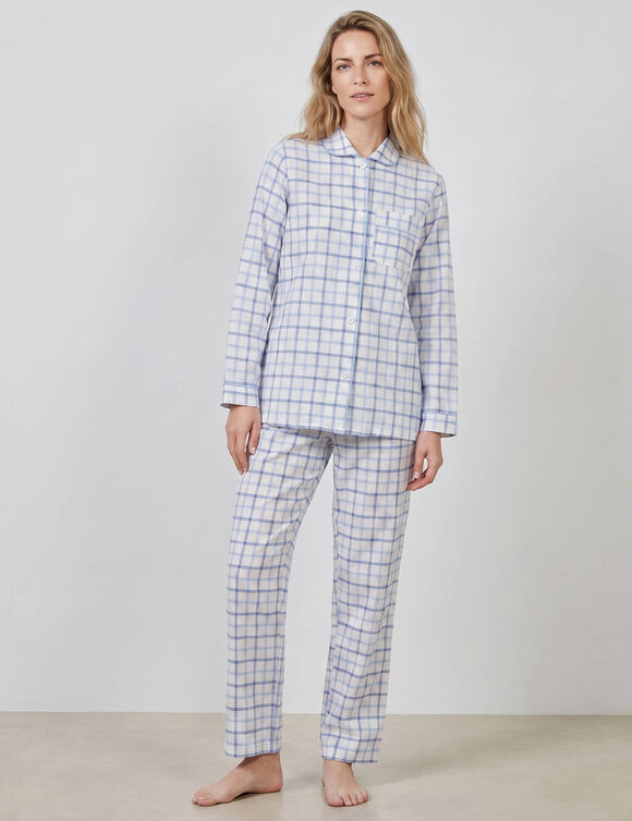 Pyjama pantalon en flanelle tiss&eacute; teint carreaux (&eacute;cru / bleu)