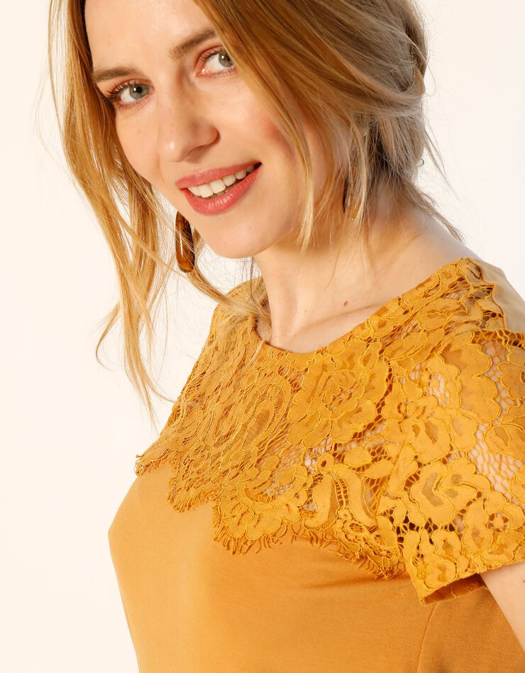 Tee-shirt dentelle col rond manches courtes (miel) Tee-shirt dentelle col rond manches courtes (miel)