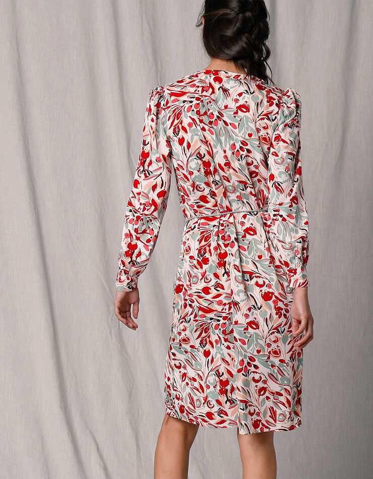 Robe-chemisier mi-longue crêpe imprimé (écru / rouge) Robe-chemisier mi-longue crêpe imprimé (écru / rouge)