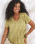 Robe col V longue unie, crépon (vert mousse)