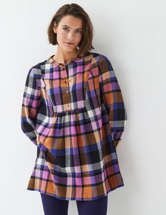 Tunique &agrave; carreaux fronces et plastron boutonn&eacute;, en flanelle (noir / violine)