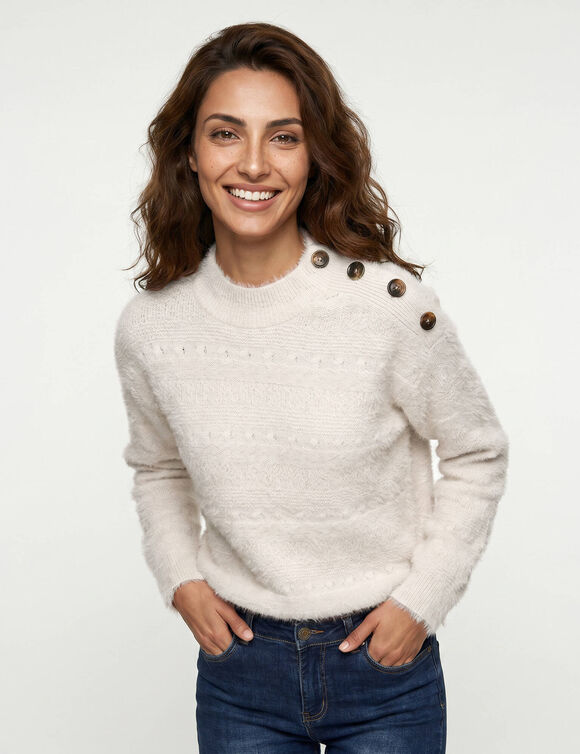 Pull col montant, maille poilue fantaisie (&eacute;cru)