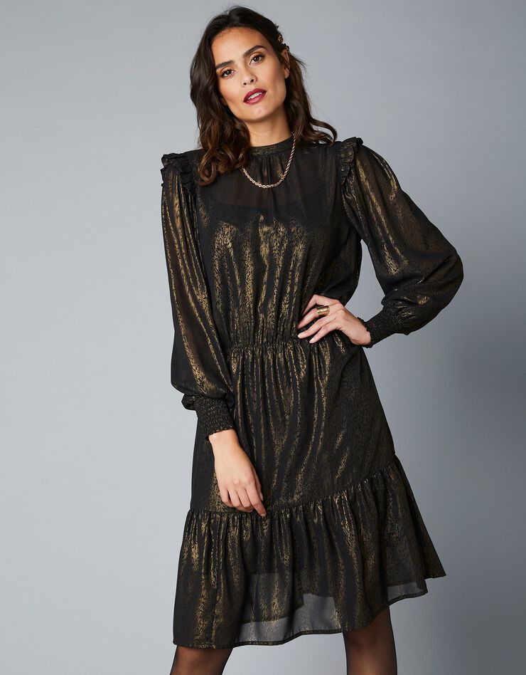 Robe évasée imprimé animalier doré - manches longues (noir / doré) Robe évasée imprimé animalier doré - manches longues (noir / doré)