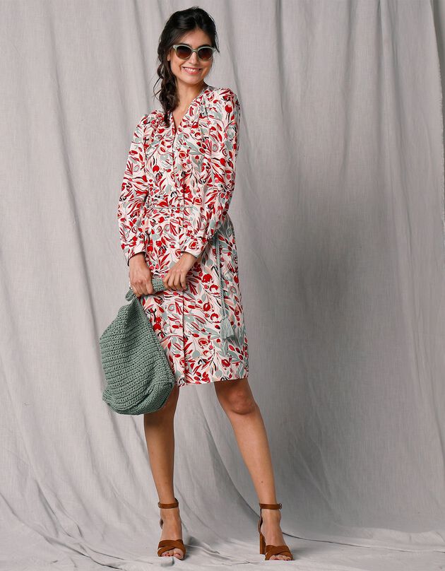 Robe-chemisier mi-longue crêpe imprimé (écru / rouge) Robe-chemisier mi-longue crêpe imprimé (écru / rouge)