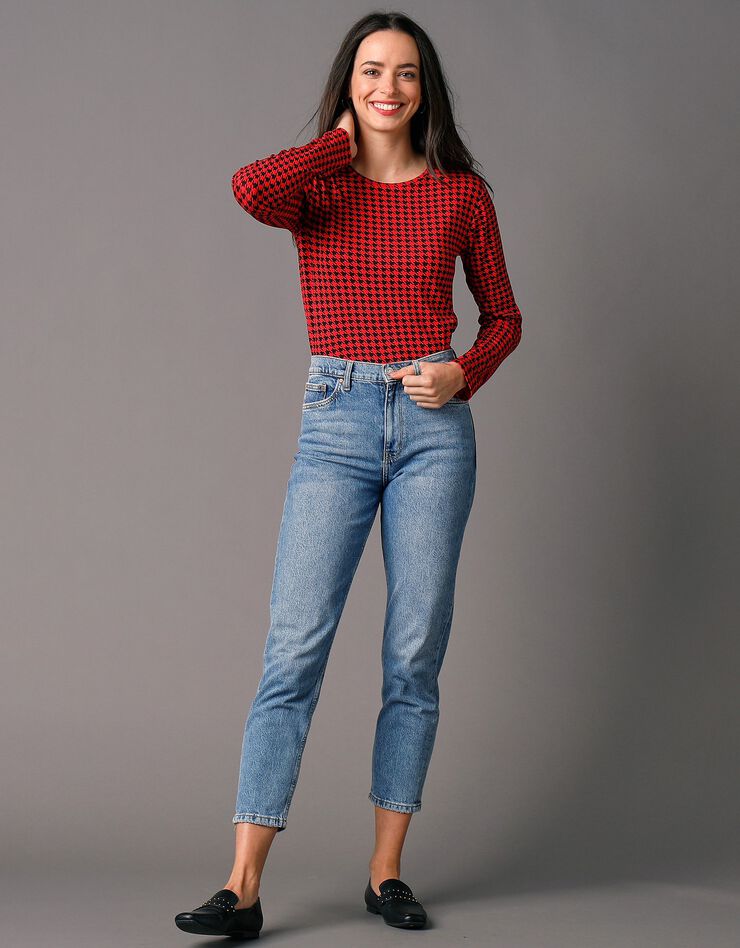 Tee-shirt col rond imprimé pied-de-poule, stretch (noir / rouge) Tee-shirt col rond imprimé pied-de-poule, stretch (noir / rouge)