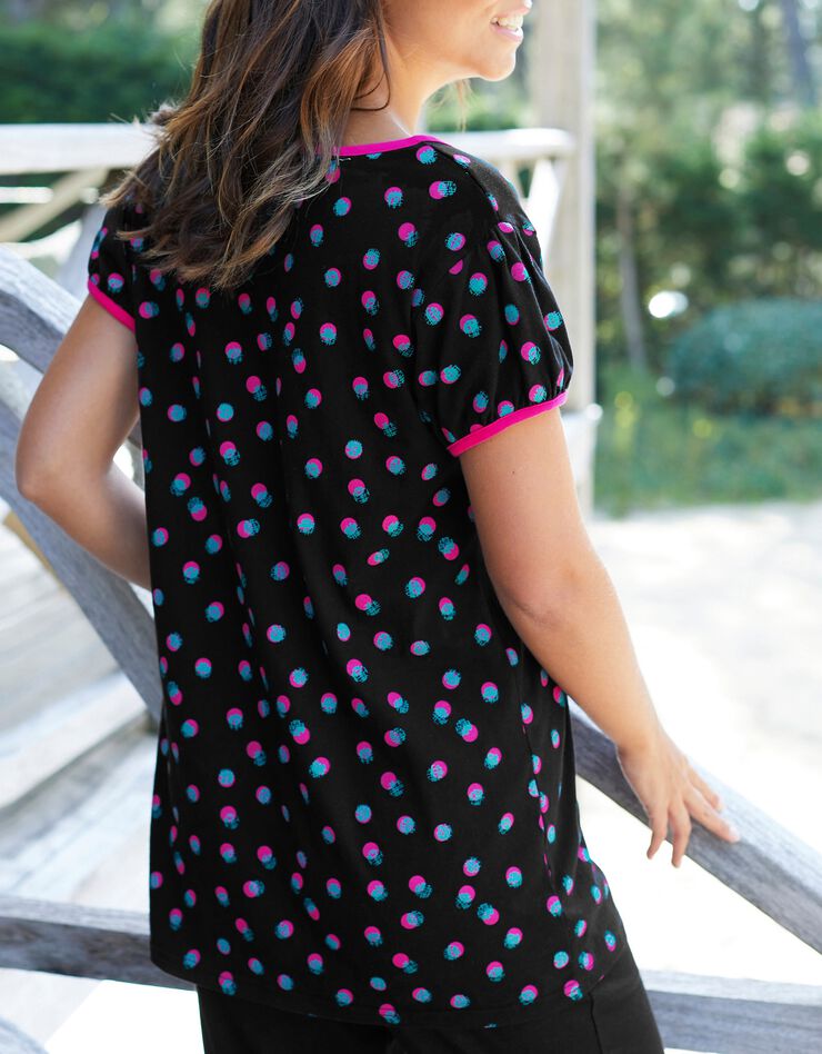 Tee-shirt manches courtes coton Enjoy imprimé pois  (noir / fuchsia)