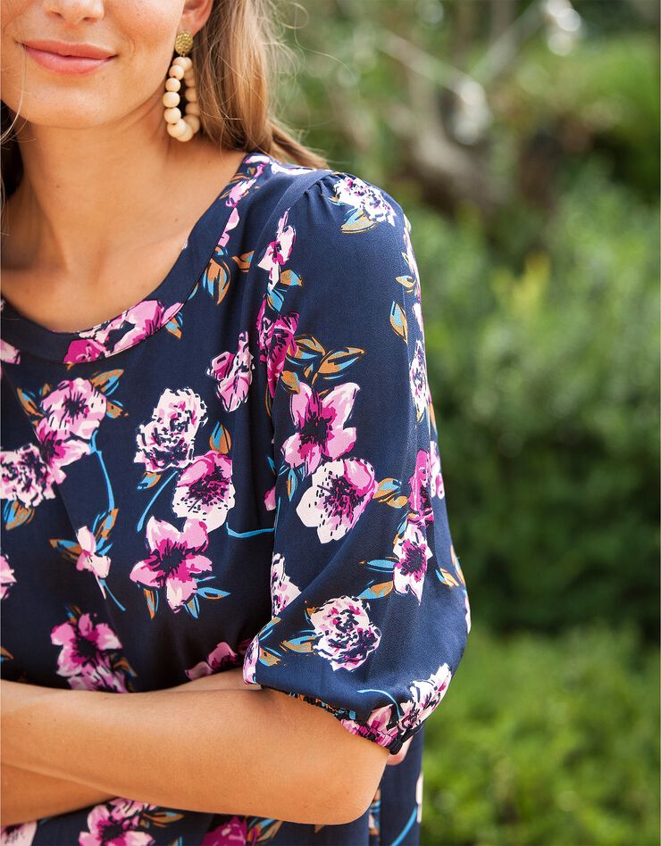 Robe housse imprimé fleurs, crêpe (indigo / fuchsia) Robe housse imprimé fleurs, crêpe (indigo / fuchsia)
