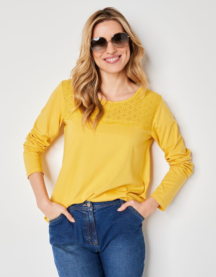 Tee-shirt manches longues, empiècement broderie anglaise (safran) Tee-shirt manches longues, empiècement broderie anglaise (safran)
