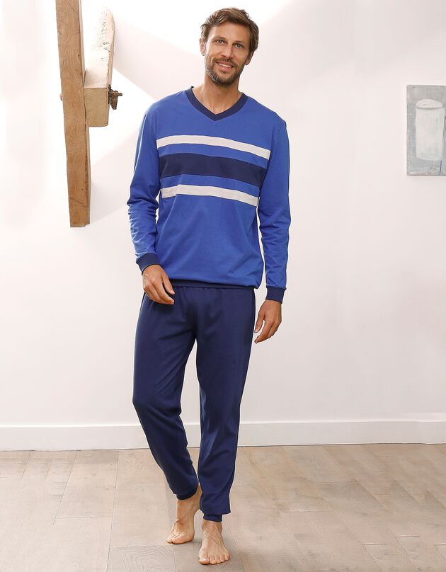 Pyjama long tricolore - lot de 2 (bleu + gris)