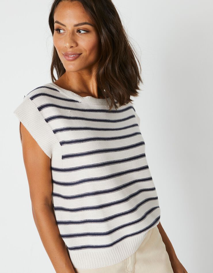 Pull rayé sans manches, spécial petites (écru / marine) Pull rayé sans manches, spécial petites (écru / marine)