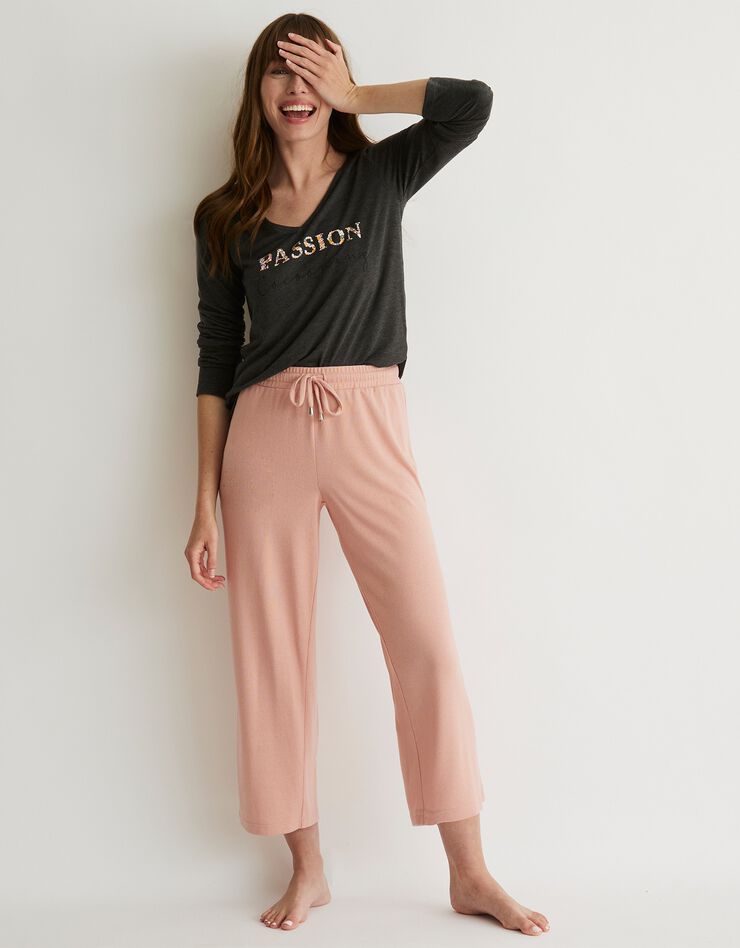 Tee-shirt pyjama manches longues imprimé "passion cocooning" (gris anthracite chiné)