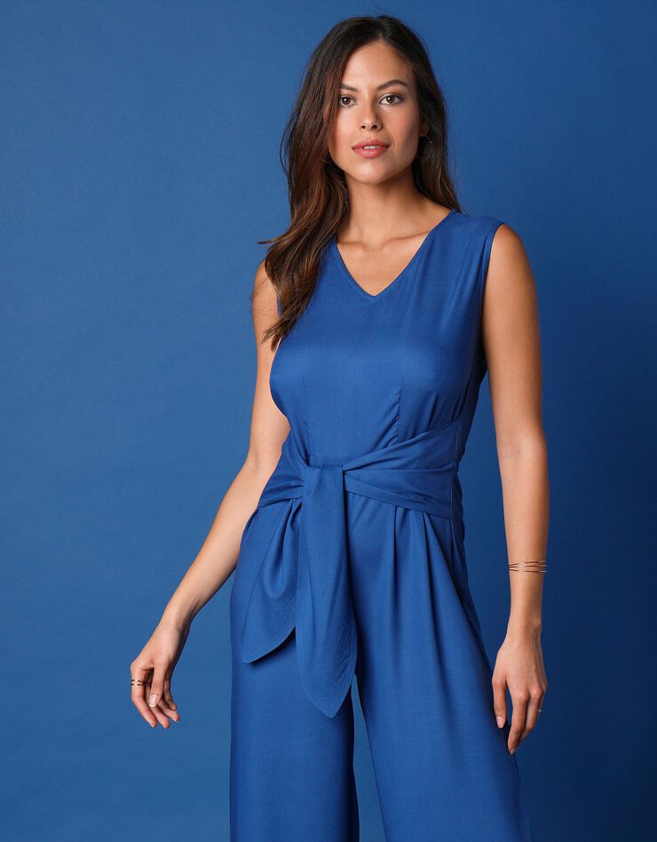 Combinaison pantalon unie col V sans manches  (bleu)