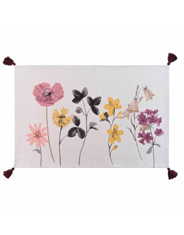 Tapis rectangulaire finition pompons, imprimé fleurs (imprimé) Tapis rectangulaire finition pompons, imprimé fleurs (imprimé)