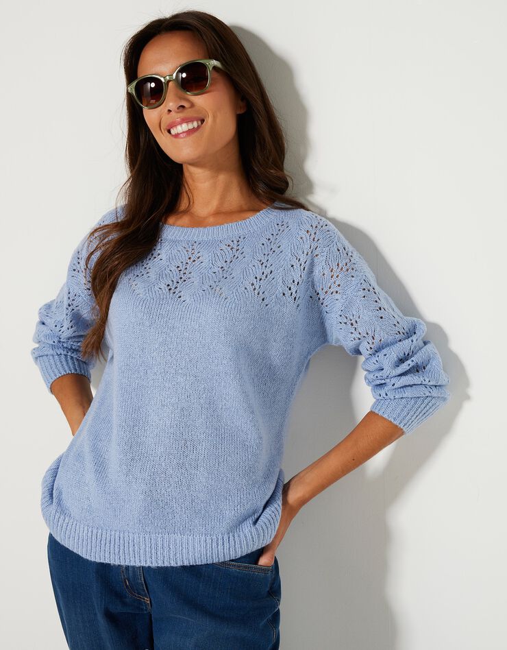 Pull manches longues blousantes, maille ajourée toucher mohair (lavande) Pull manches longues blousantes, maille ajourée toucher mohair (lavande)