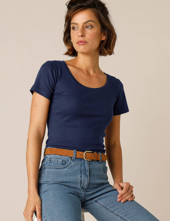 T-shirt col rond uni manches courtes en coton biologique(**) (marine)