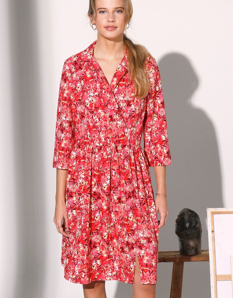 Robe cache-coeur imprimée manches 3/4, crêpe (fuchsia / prune)