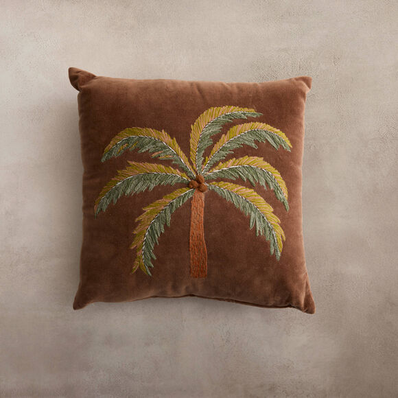 Coussin carr&eacute; velours brod&eacute; "palmier" (marron)