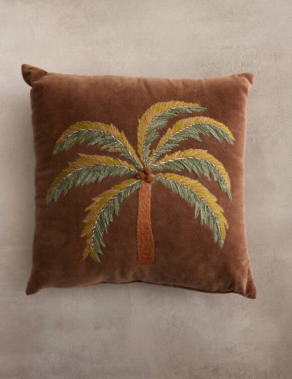 Coussin carr&eacute; velours brod&eacute; "palmier" (marron)