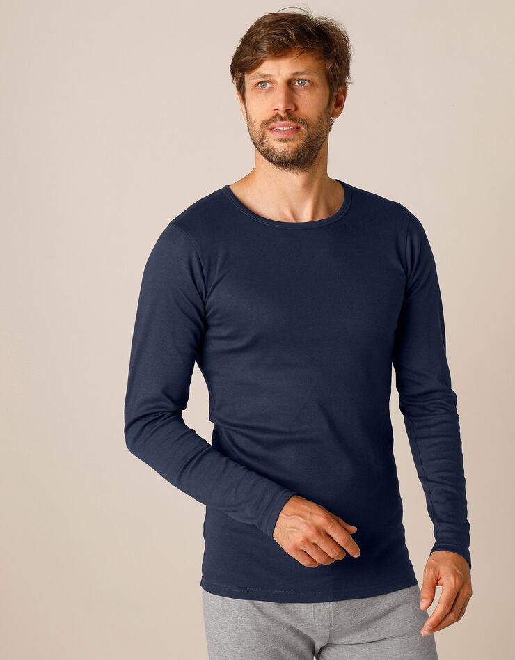 Tee-shirt sous-vêtement homme col rond manches longues dos long coton - lot de 2 (marine) Tee-shirt sous-vêtement homme col rond manches longues dos long coton - lot de 2 (marine)