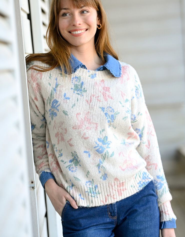 Pull col rond imprimé, toucher mohair (écru / rose / vert) Pull col rond imprimé, toucher mohair (écru / rose / vert)