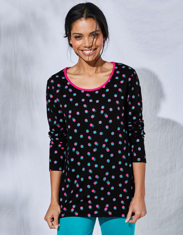 Tee-shirt manches longues coton Enjoy imprimé pois (noir / fuchsia)