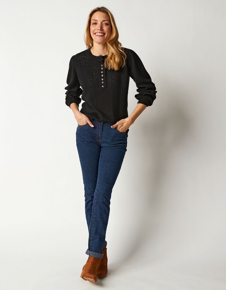 Pull ajouré col tunisien boutonné (noir) Pull ajouré col tunisien boutonné (noir)