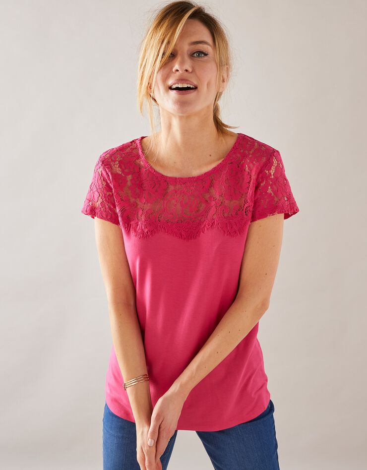 Tee-shirt dentelle col rond manches courtes (framboise) Tee-shirt dentelle col rond manches courtes (framboise)