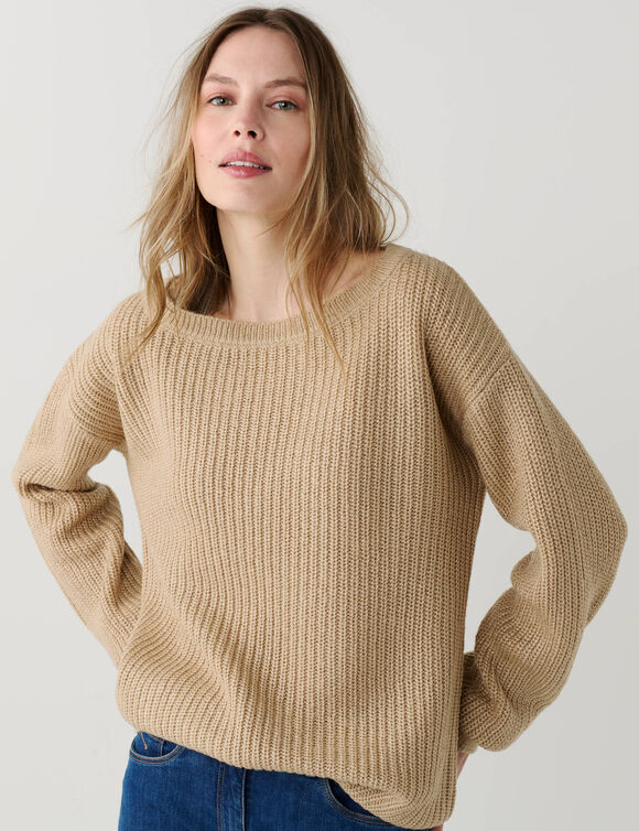 Pull col bateau &agrave; manches blousantes, maille anglaise (sable)