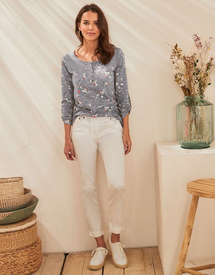 Tee-shirt col tunisien manches longues imprimé fleuri (gris) Tee-shirt col tunisien manches longues imprimé fleuri (gris)