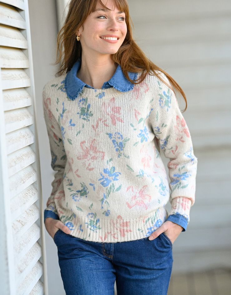 Pull col rond imprimé, toucher mohair (écru / rose / vert) Pull col rond imprimé, toucher mohair (écru / rose / vert)