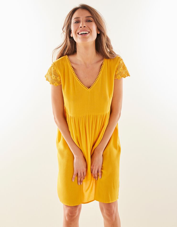 Chemise de nuit crépon de viscose et macramé (safran)