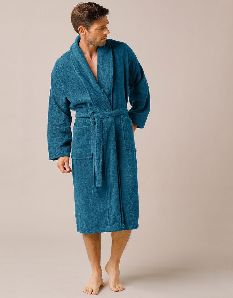 Peignoir mixte adulte col châle éponge bouclette (bleu paon)