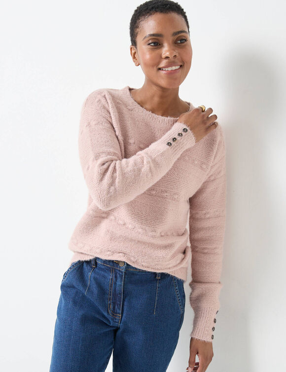 Pull col rond, maille poilue fantaisie (rose poudré)