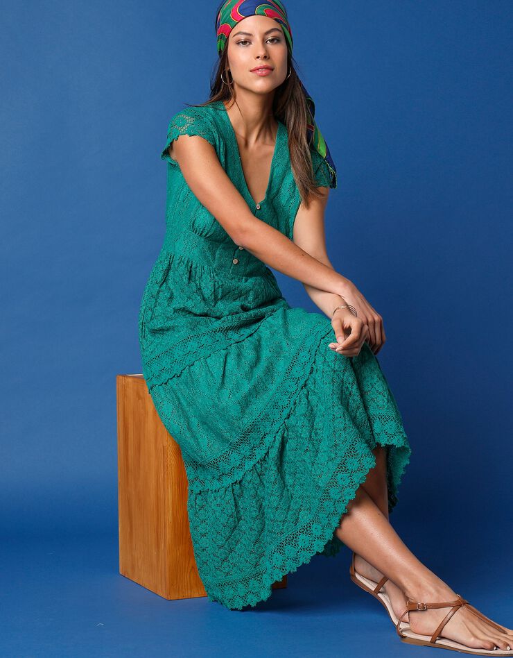 Robe longue col V dentelle macramé (vert)