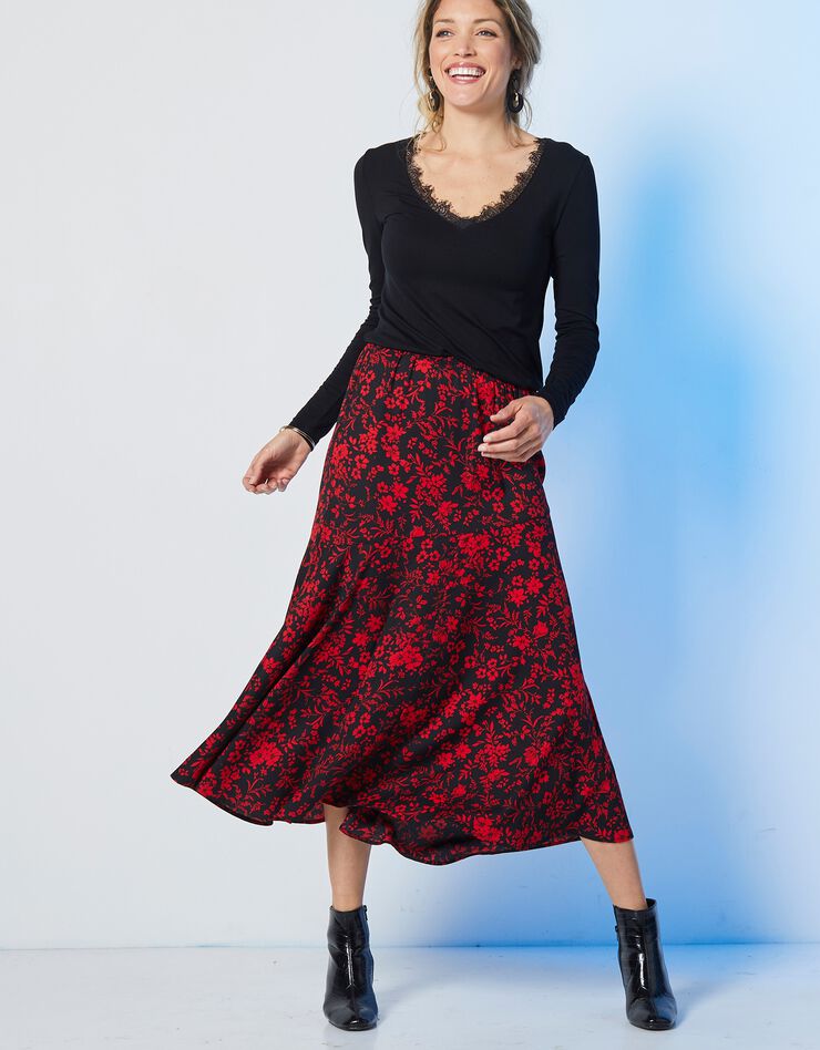 Jupe longue imprimée taille élastiquée (noir / rouge) Jupe longue imprimée taille élastiquée (noir / rouge)