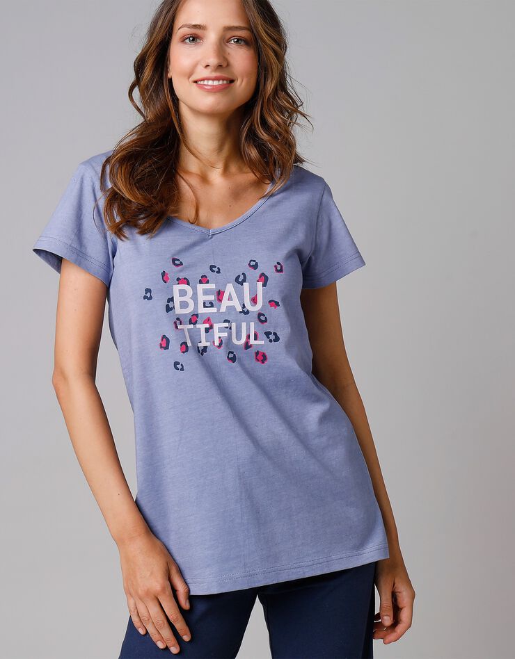 Tee-shirt manches courtes coton uni imprimé placé "Beautiful" (bleu) Tee-shirt manches courtes coton uni imprimé placé "Beautiful" (bleu)