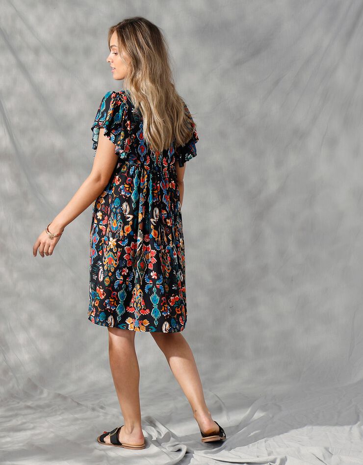 Robe courte manches "papillon", imprimé multicolore (noir / safran)