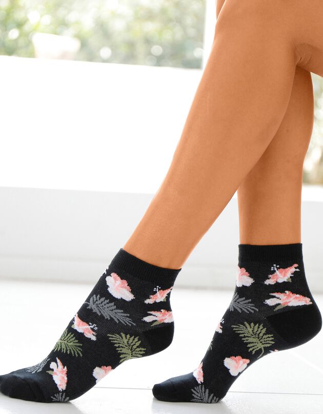 Socquettes motifs tropicaux assortis – lot de 4 (noir / rose)