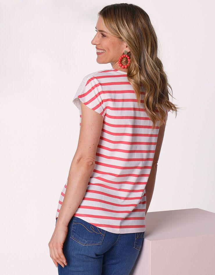 Tee-shirt rayé boutonné broderie anglaise (blanc / rose) Tee-shirt rayé boutonné broderie anglaise (blanc / rose)