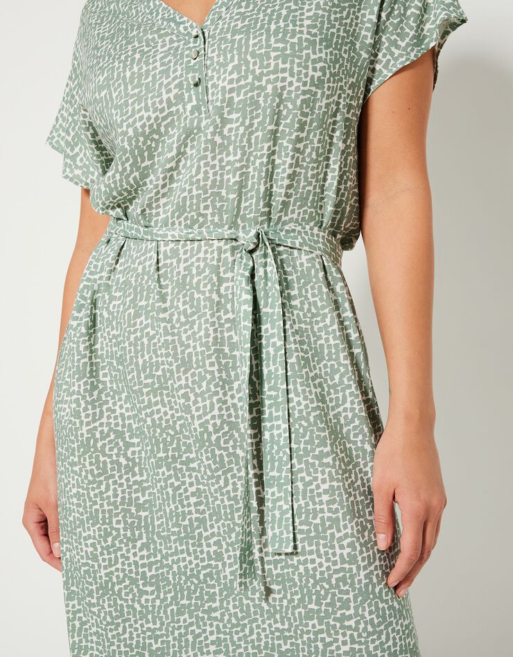 Robe droite longue fluide manches courtes, imprimé (vert amande / blanc)