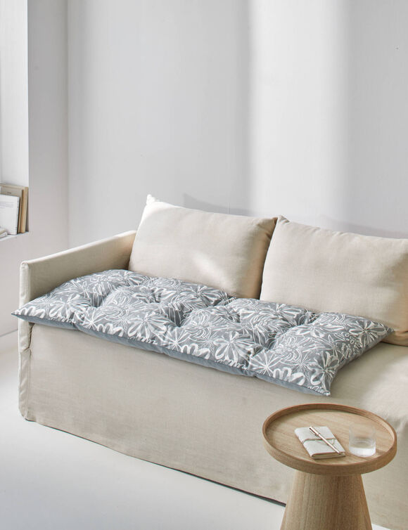 Long coussin d&eacute;co imprim&eacute; feuillage (gris perle)