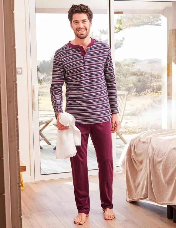 Pyjama rayé col tunisien (bordeaux)