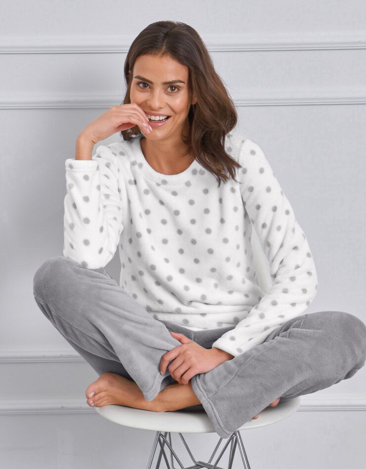Pyjama polaire imprimé pois toucher peluche manches longues (gris) Pyjama polaire imprimé pois toucher peluche manches longues (gris)