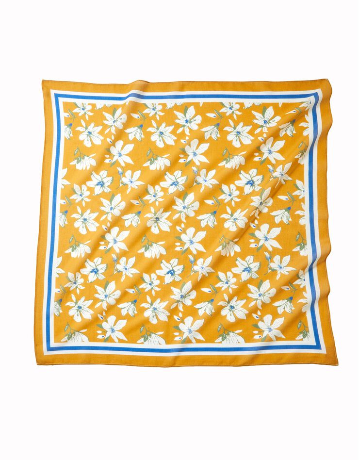 Foulard fabriqué en France imprimé fleurs, 98x98 cm, coton biologique (jaune)