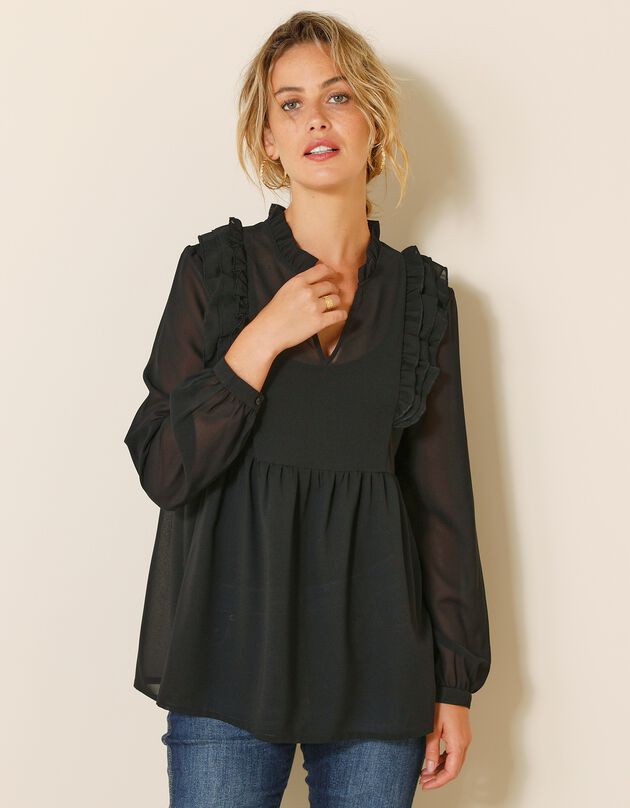Blouse unie à volants (noir)