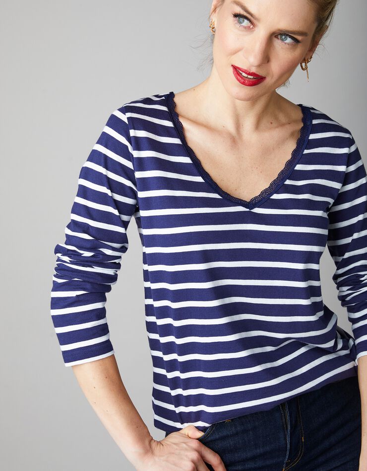 Tee-shirt marinière col dentelle (marine / blanc) Tee-shirt marinière col dentelle (marine / blanc)