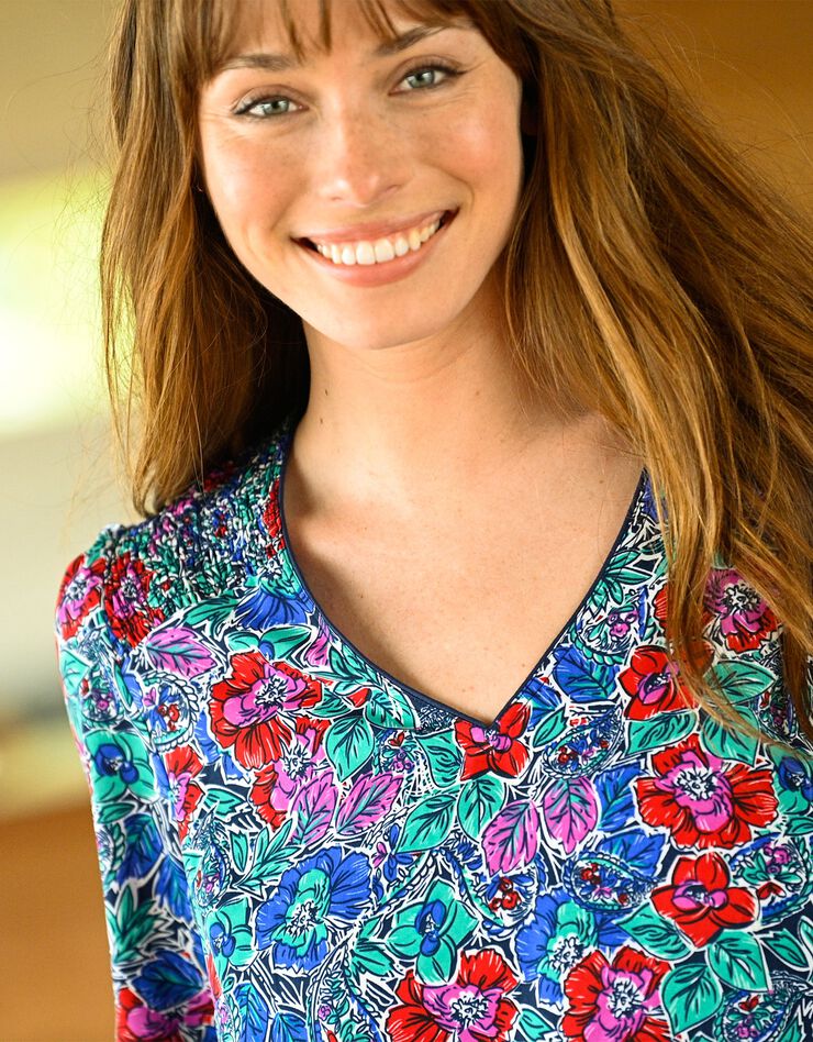Blouse smocks épaules imprimé fleuri (bleu / vert) Blouse smocks épaules imprimé fleuri (bleu / vert)