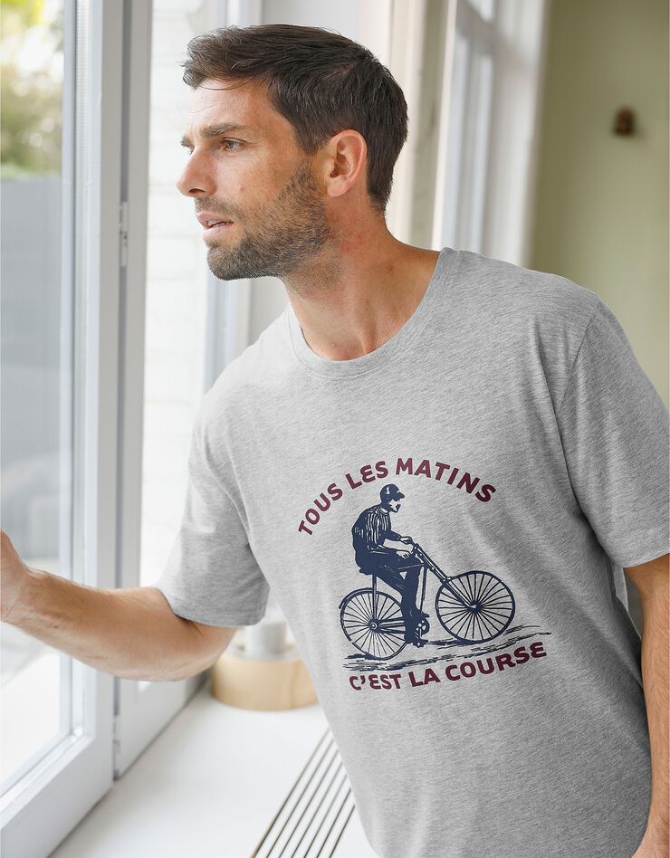 Pyjashort motif cycliste message manches courtes (gris chiné / bordeaux)