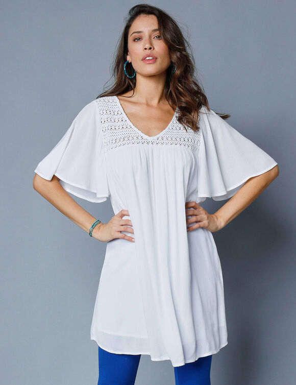 Tunique longue, col V macramé (blanc)